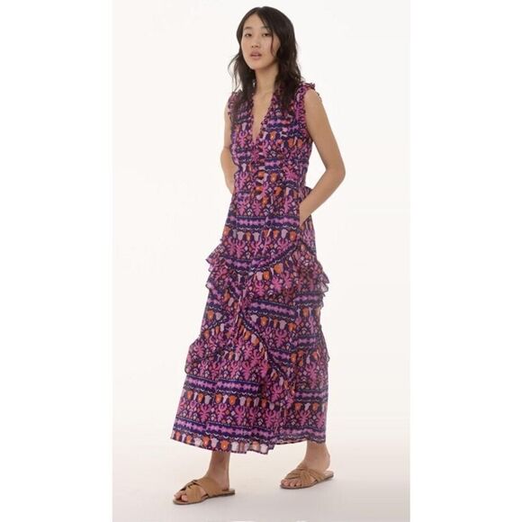 Banjanan Donna Maxi Dress Edwardian Tile Print XS Boho Sleeveless Ruffle Cotton - Picture 16 of 16